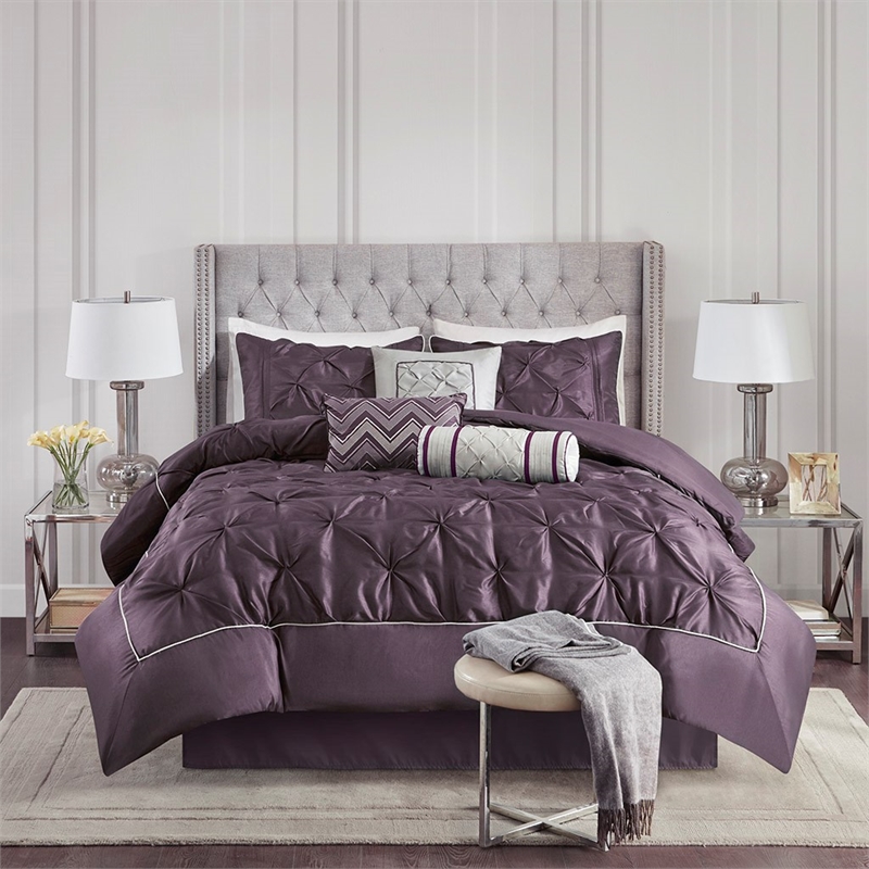 Pemberly Row Contemporary 7 Piece Tufted Comforter Set in Plum