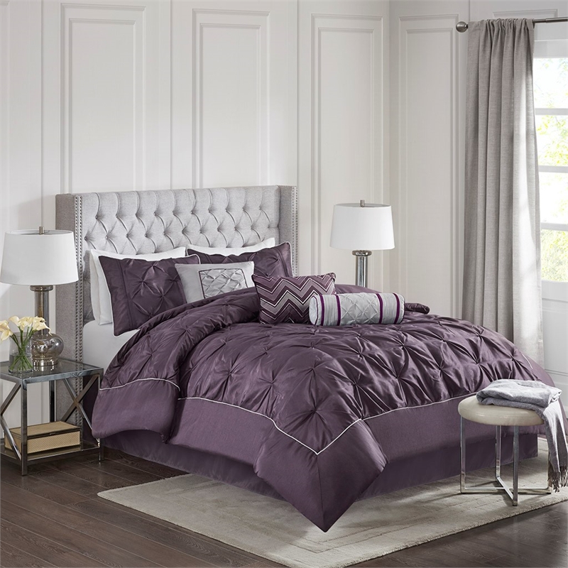 Pemberly Row Contemporary 7 Piece Tufted Comforter Set in Plum