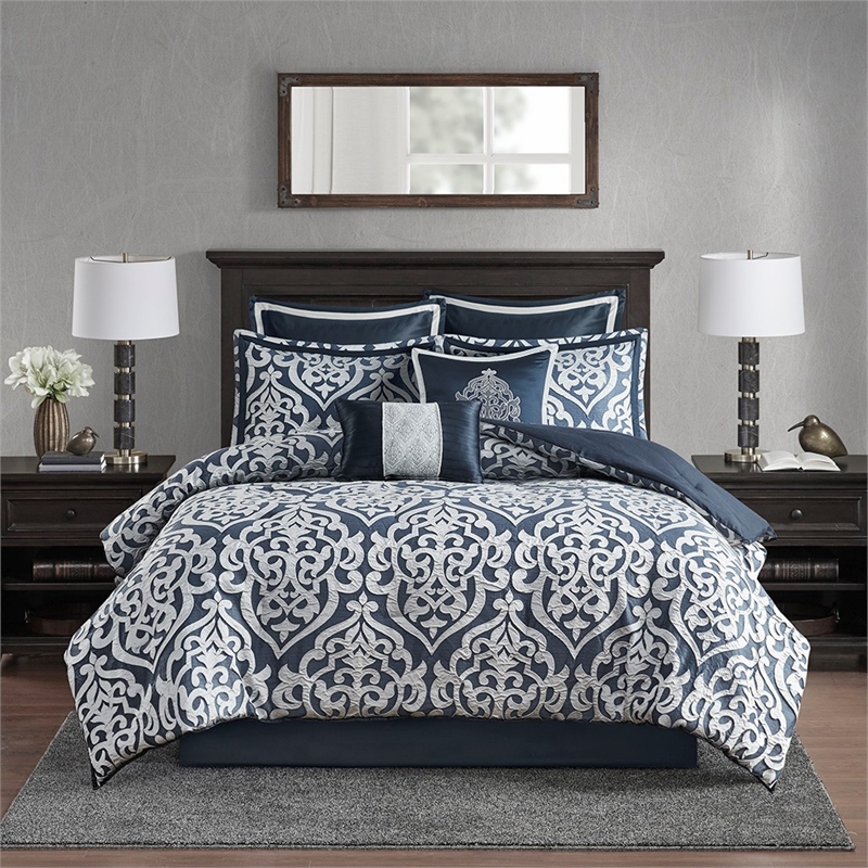Pemberly Row Contemporary 8 Piece Jacquard Comforter Set in Navy
