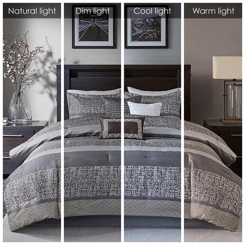 Pemberly Row Contemporary 7 Piece Jacquard Comforter Set in Gray/Taupe
