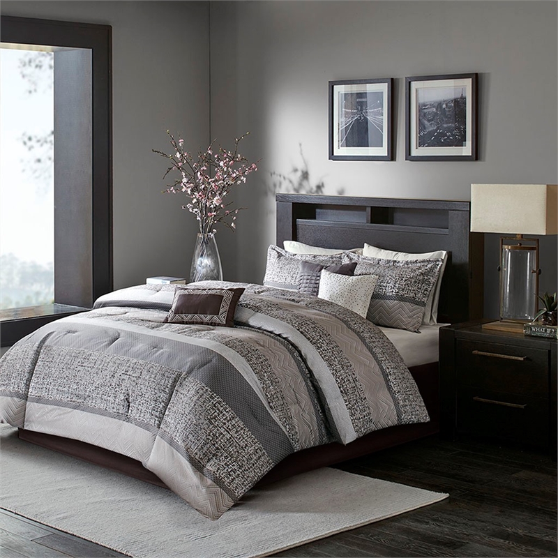 Pemberly Row Contemporary 7 Piece Jacquard Comforter Set in Gray/Taupe
