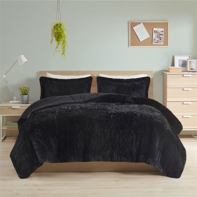 Pemberly Row Contemporary Shaggy Long Fur Comforter Mini Set in Black
