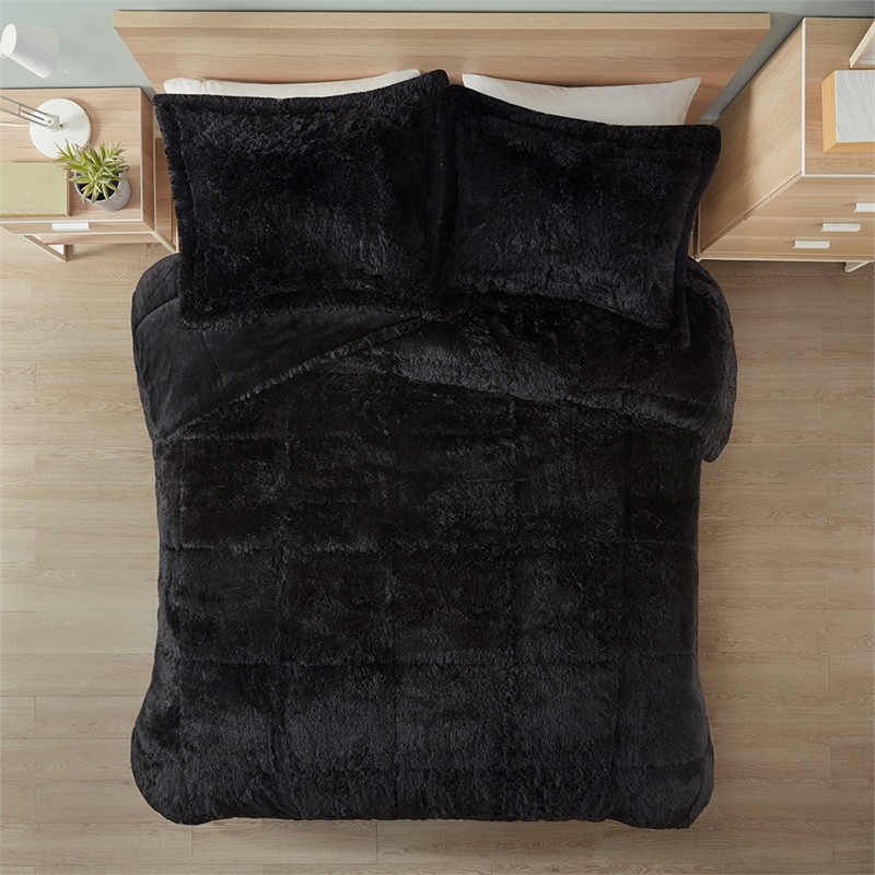 Pemberly Row Contemporary Shaggy Long Fur Comforter Mini Set in Black