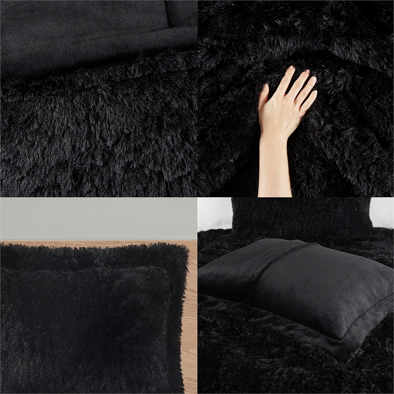 Pemberly Row Contemporary Shaggy Long Fur Comforter Mini Set in Black