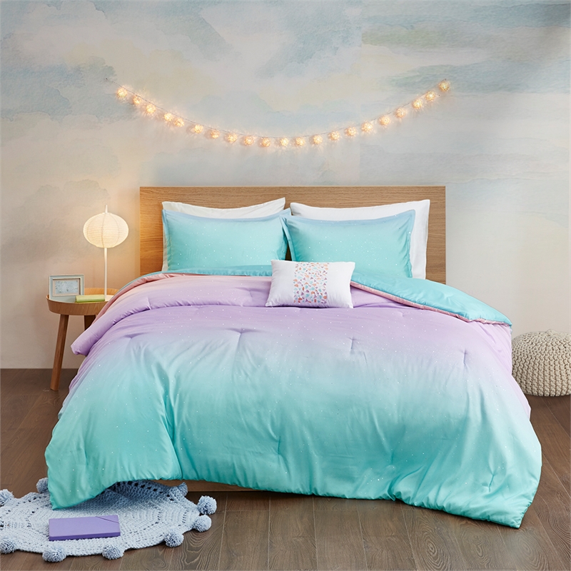 Pemberly Row Metallic Glitter Printed Reversible Comforter Set in Aqua