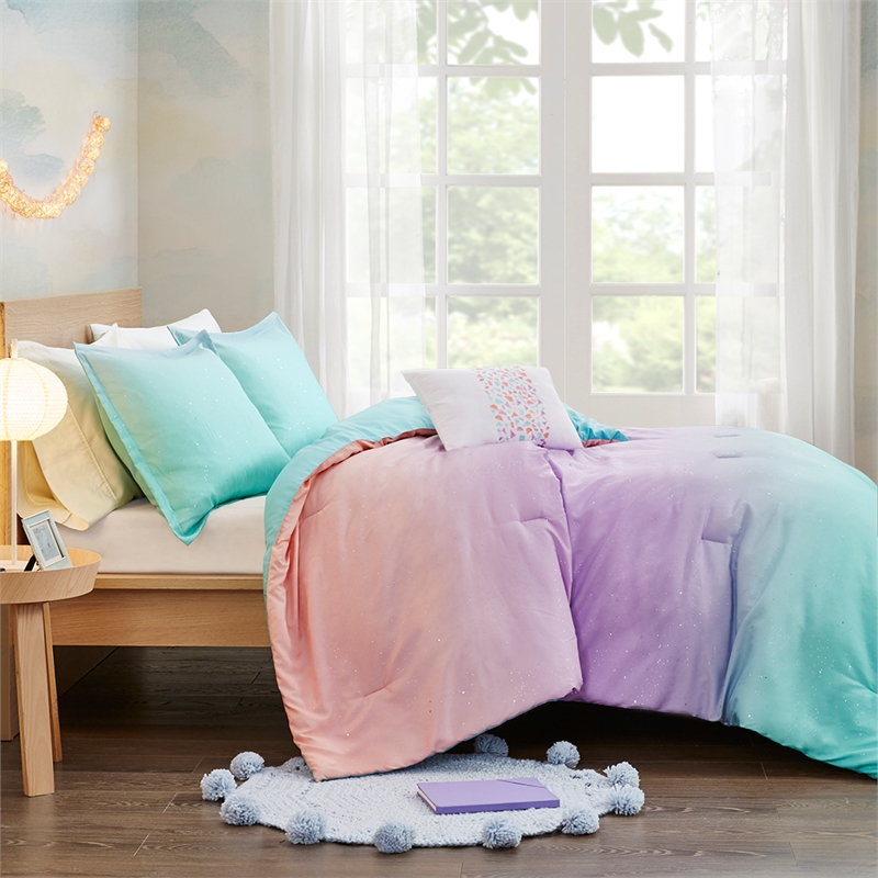 Pemberly Row Metallic Glitter Printed Reversible Comforter Set in Aqua