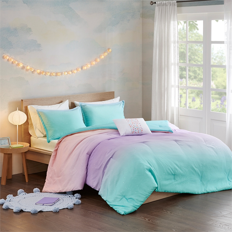 Pemberly Row Metallic Glitter Printed Reversible Comforter Set in Aqua