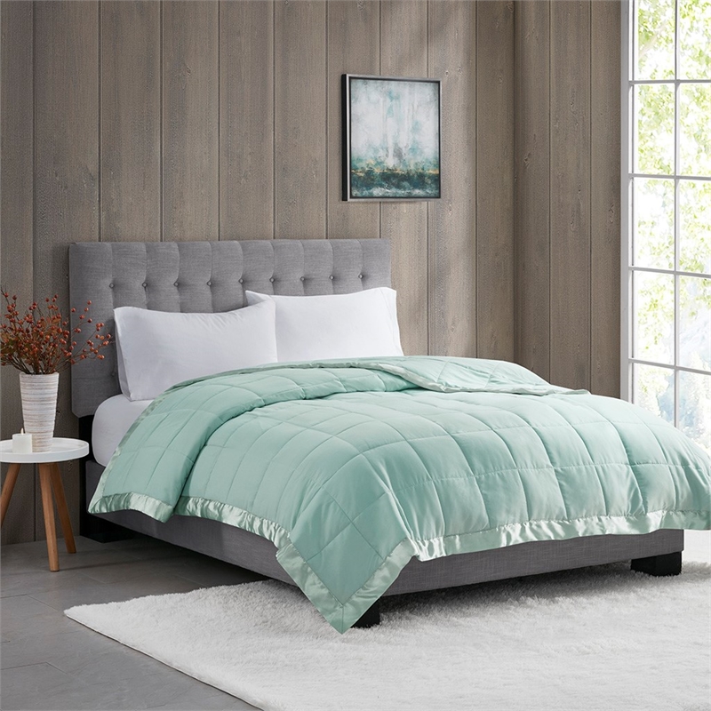 Pemberly Row Fabric Down Alternative Blanket with Satin Trim - Seafoam