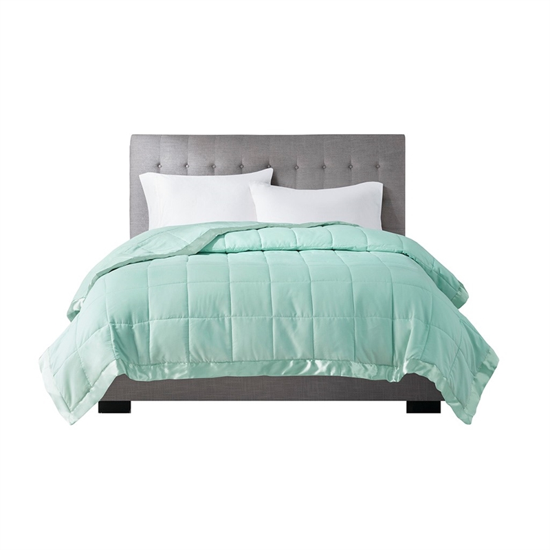 Pemberly Row Fabric Down Alternative Blanket with Satin Trim - Seafoam