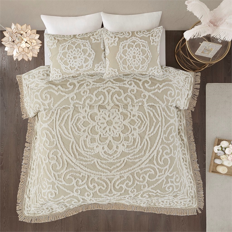 Pemberly Row Cotton Medallion Fringe Coverlet Mini Set in Taupe