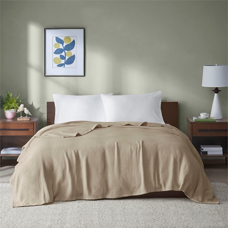 Pemberly Row Contemporary Basketweave Cotton Blanket in Khaki King