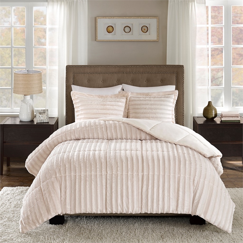 Pemberly Row Faux Fur Comforter Mini Set in Champagne Full/Queen