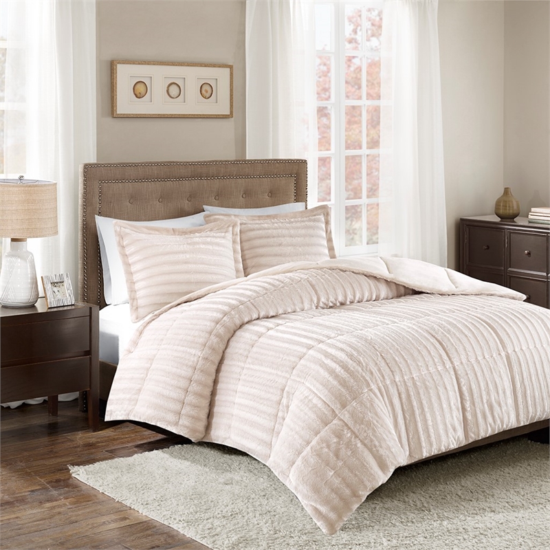 Pemberly Row Faux Fur Comforter Mini Set in Champagne Full/Queen