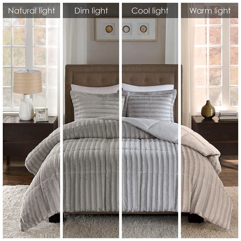 Pemberly Row Contemporary Faux Fur Comforter Mini Set in Gray Full/Queen