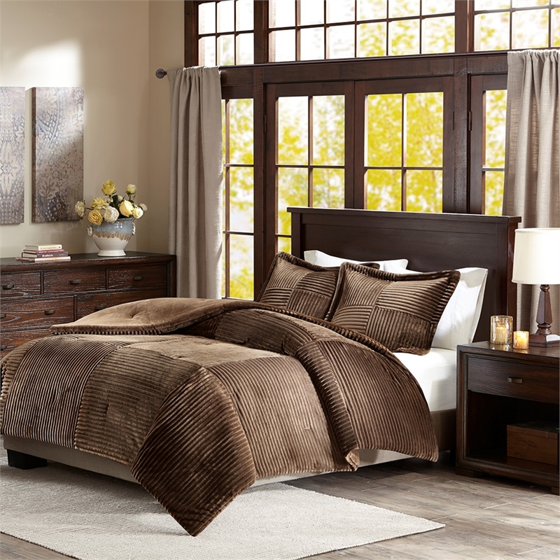 Pemberly Row Plush Down Alternative Comforter Set in Brown Full/Queen