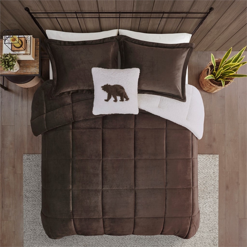 Pemberly Row Plush Sherpa Down Alternative Comforter Set-Brown/Ivory Full/Queen