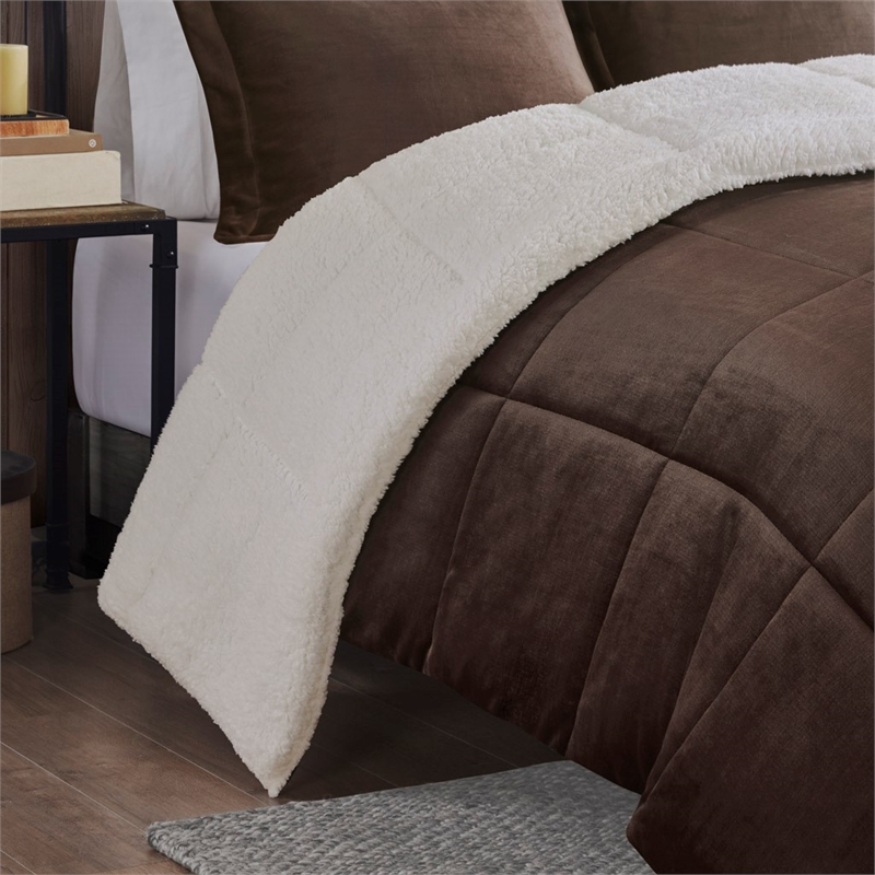 Pemberly Row Plush Sherpa Down Alternative Comforter Set-Brown/Ivory Full/Queen