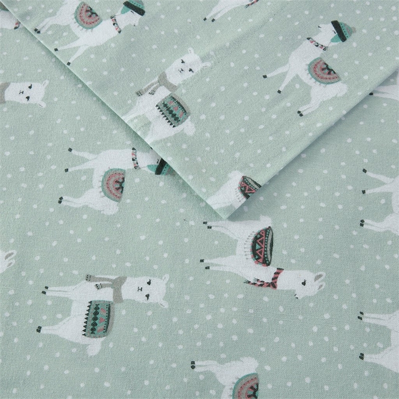 Pemberly Row Flannel Printed Sheet Set in Seafoam Llama Full