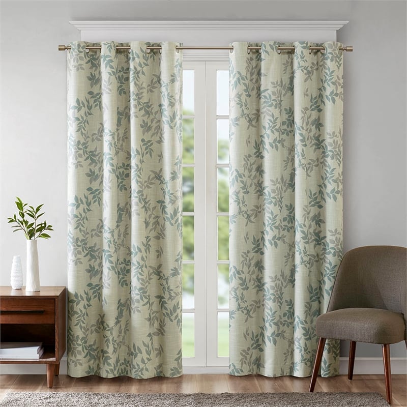 Pemberly Row Contemporary Fabric Printed Botanical Blackout Panel in Aqua