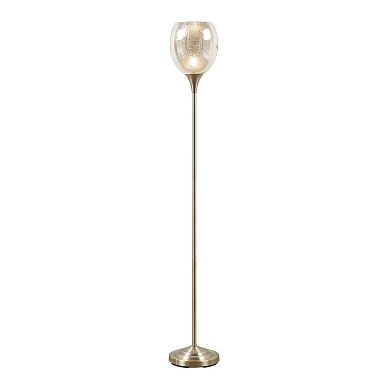 Pemberly Row Iron Metal Floor Lamp with Glass Shade in Antique Brass