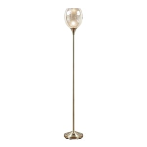Pemberly Row Iron Metal Floor Lamp with Glass Shade in Antique Brass