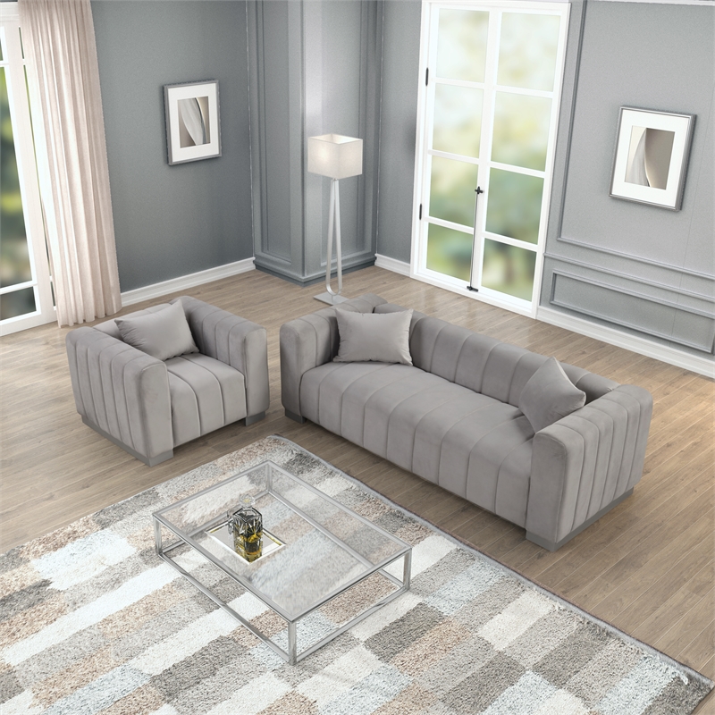 Pemberly Row 2-PC Living Room Furniture Velvet Fabric Sofa+Chair Set-Light Gray