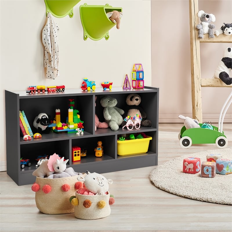 Pemberly Row Contemporary Kids 2-Shelf Wood Bookcase 5-Cube in Gray