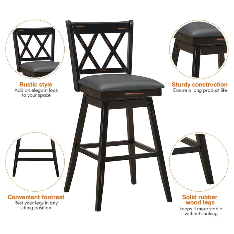 Pemberly Row Set of 2 Barstools Swivel Bar Height Chairs in Black