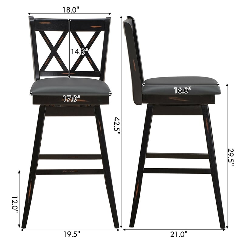 Pemberly Row Set of 2 Barstools Swivel Bar Height Chairs in Black