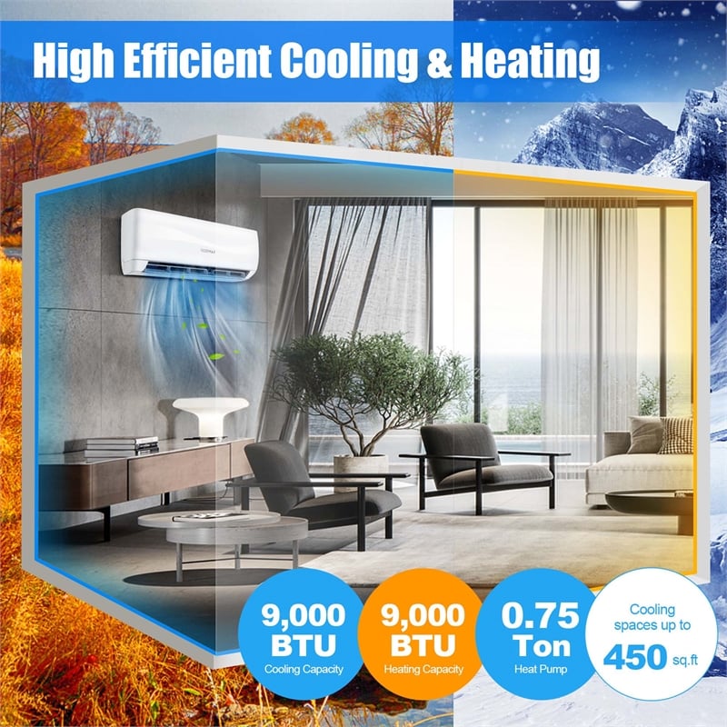 Pemberly Row 9000 BTU Split Air Conditioner & Heater Wall Mount AC Unit in White