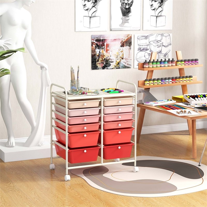 Pemberly Row 12 Drawers Rolling Cart Mutlicolor Studio Organizer Bins in Pink