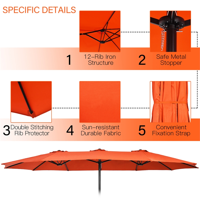 Pemberly Row 15 Ft Patio Double Sided Outdoor Market Umbrella in Orange