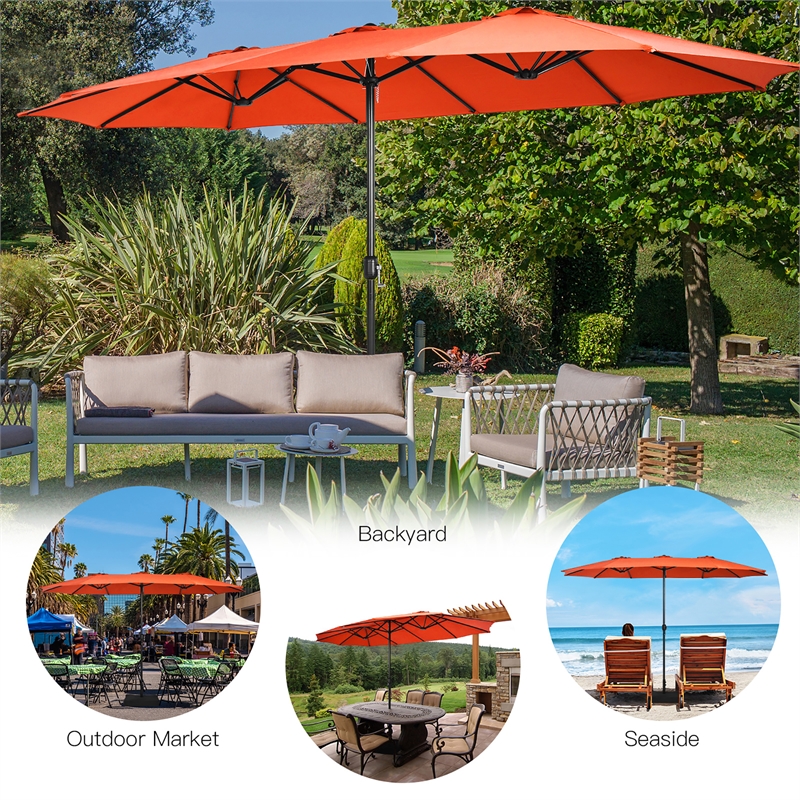 Pemberly Row 15 Ft Patio Double Sided Outdoor Market Umbrella in Orange