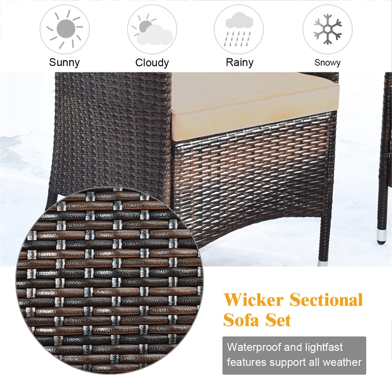 Pemberly Row 4PCS Patio Set Cushioned Sectional Sofa Chair Coffee Table in Brown