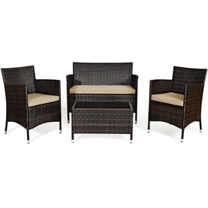 Pemberly Row 4PCS Patio Set Cushioned Sectional Sofa Chair Coffee Table in Brown