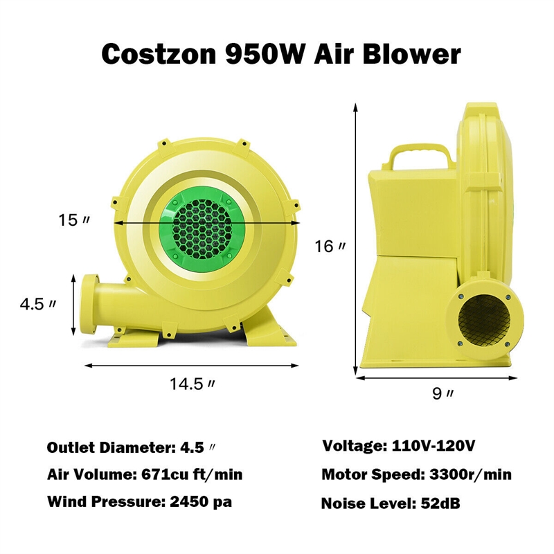 Pemberly Row Air Blower Pump Fan 950 Watt 1.25HP For Inflatable Castle in Yellow