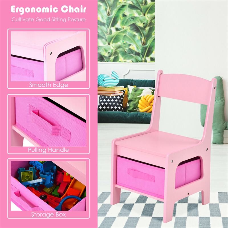 Pemberly Row Kids Table Chairs Set With Storage Boxes Blackboard Drawing in Pink