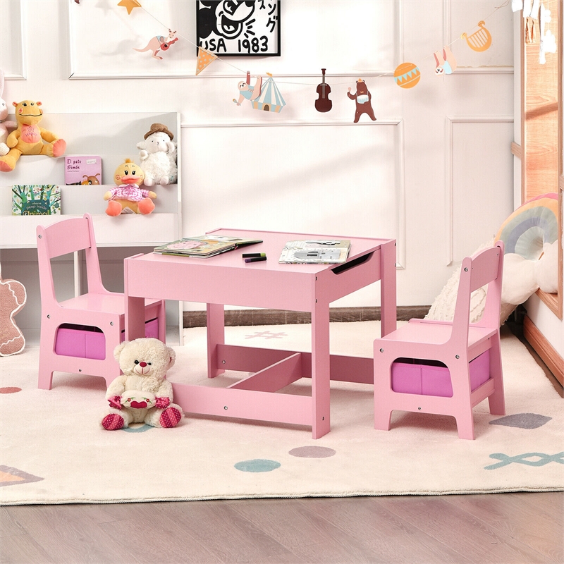 Pemberly Row Kids Table Chairs Set With Storage Boxes Blackboard Drawing in Pink