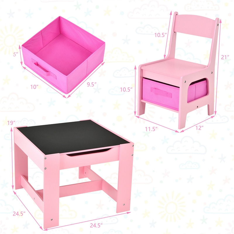 Pemberly Row Kids Table Chairs Set With Storage Boxes Blackboard Drawing in Pink