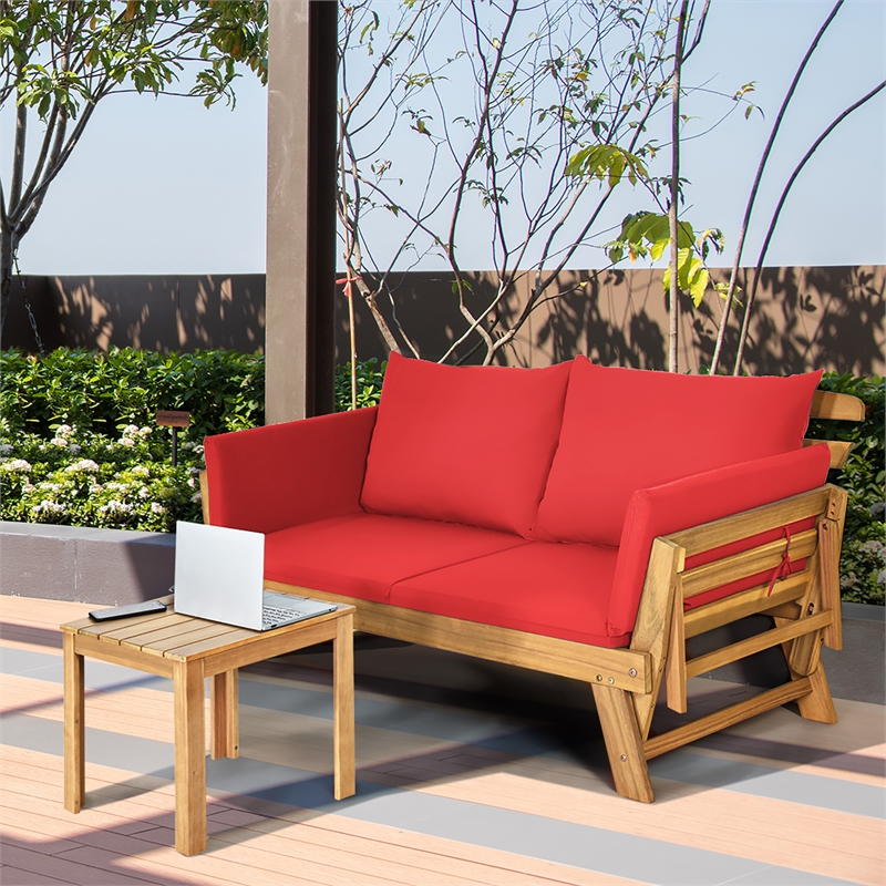 Pemberly Row Patio Convertible Sofa Daybed Wood Adjustable Furniture in Red