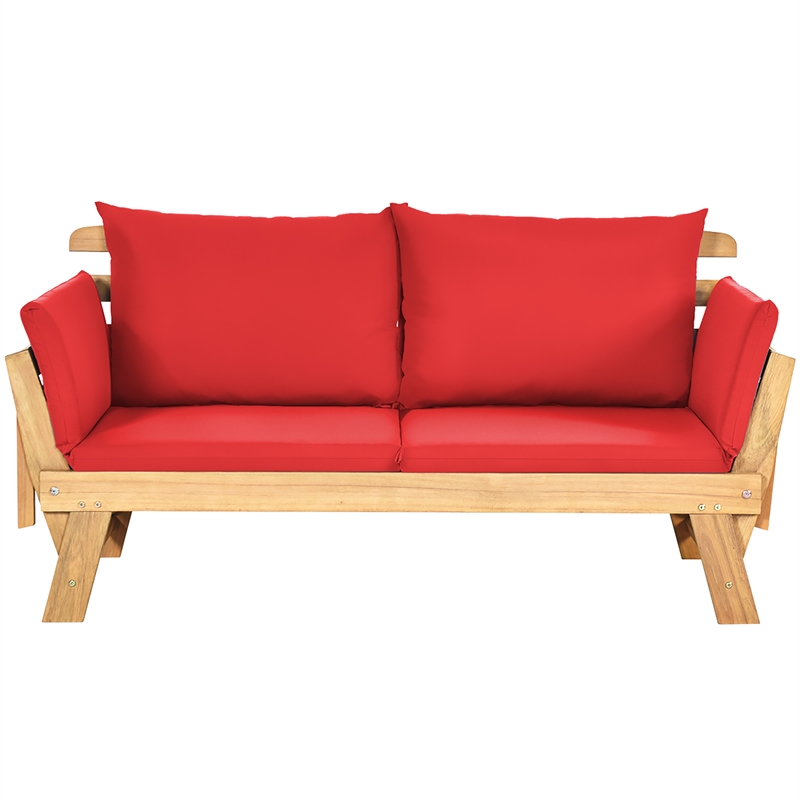 Pemberly Row Patio Convertible Sofa Daybed Wood Adjustable Furniture in Red