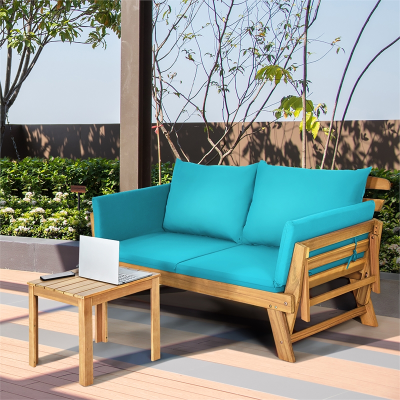 Pemberly Row Patio Convertible Sofa Daybed Wood Furniture in Turquoise