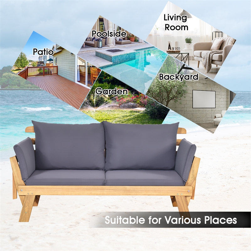 Pemberly Row Patio Convertible Sofa Daybed Wood Adjustable Furniture in Gray