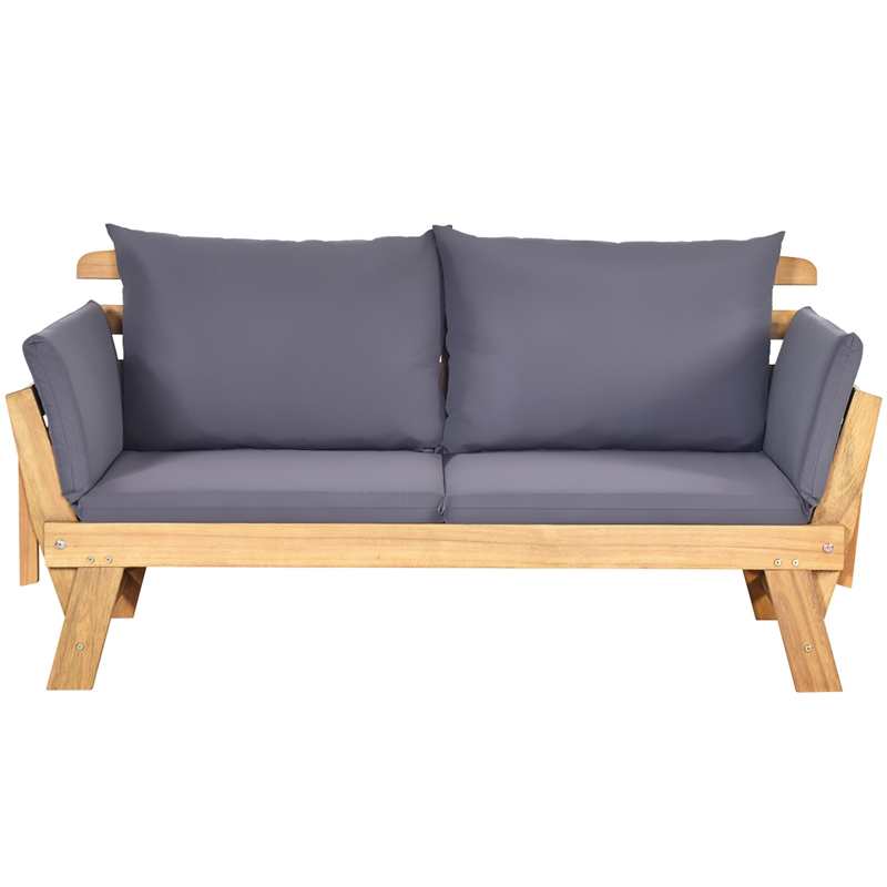 Pemberly Row Patio Convertible Sofa Daybed Wood Adjustable Furniture in Gray