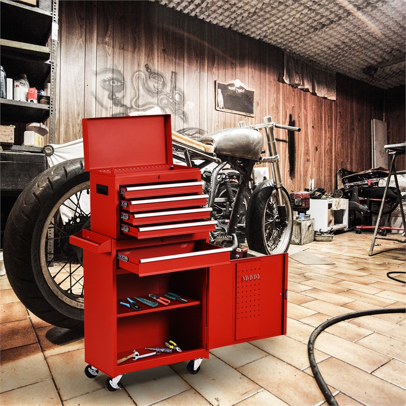 Pemberly Row 5-Drawer Rolling Tool Chest Cabinet Metal Tool Storage Box in Red