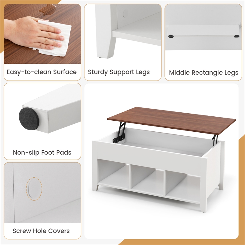 Pemberly Row Lift Top Coffee Table w/ Hidden Compartment & Storage Shelves-White