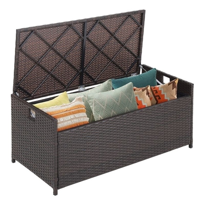 Pemberly Row 34 Gallon Patio Wicker Storage Deck Box W/Cushion Off Brown