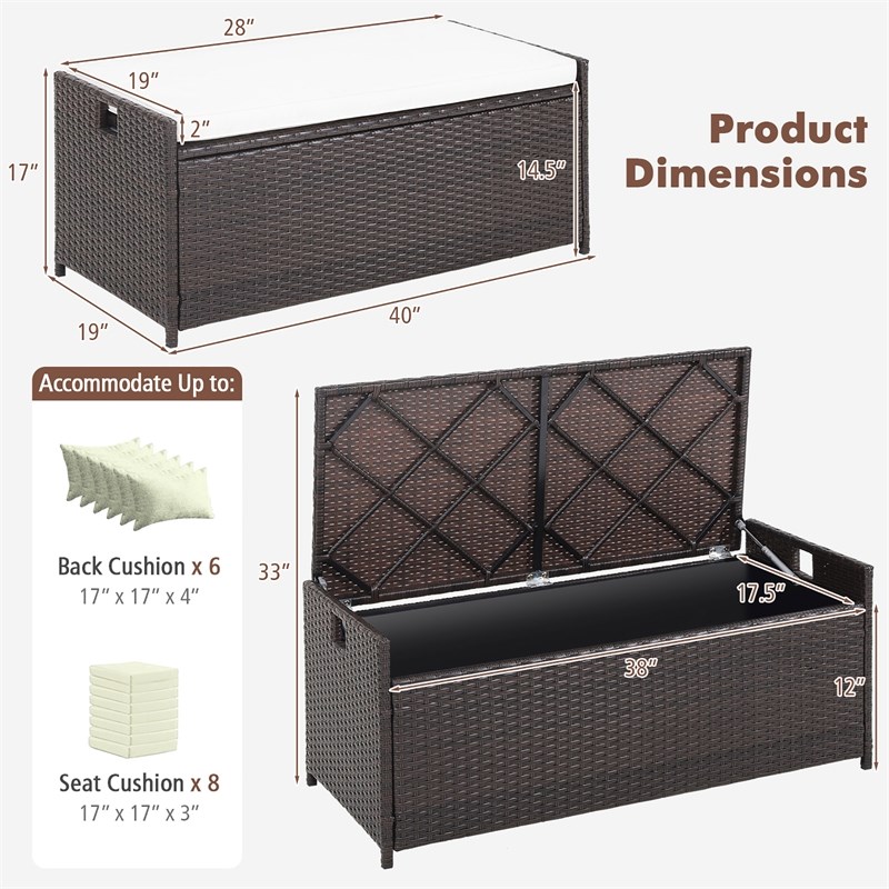 Pemberly Row 34 Gallon Patio Wicker Storage Deck Box W/Cushion Off Brown