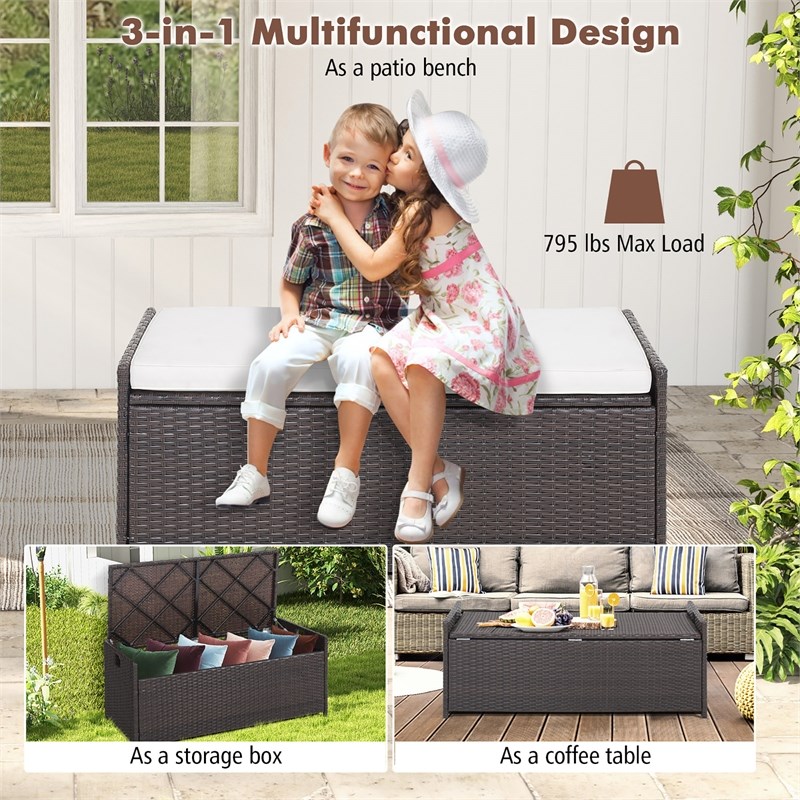Pemberly Row 34 Gallon Patio Wicker Storage Deck Box W/Cushion Off Brown
