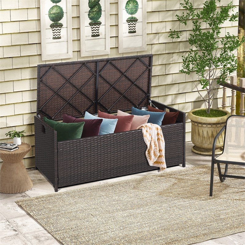 Pemberly Row 34 Gallon Patio Wicker Storage Deck Box W/Cushion Off Brown